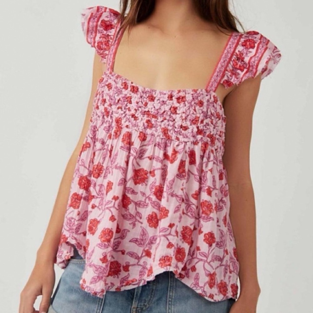 Free People Nala Printed Babydoll Top Pink Floral Smocked Flutter Sleeve